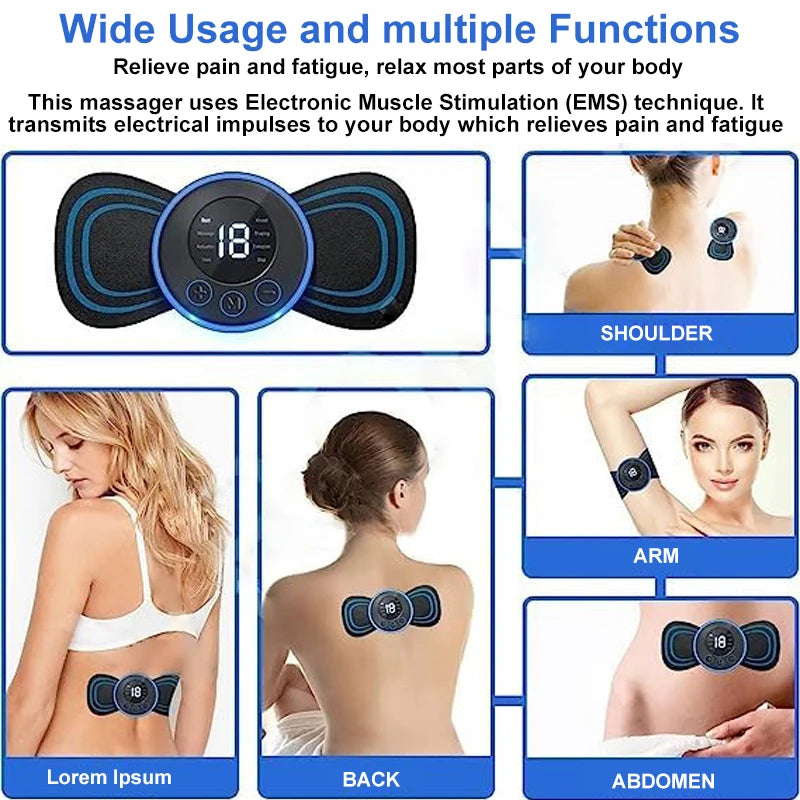 Portable Mini Massage Pad Muscle Pain Relief Micro Current Relieve Fatigue Rechargeable 8 Modes 19 Levels Slim Gel Massage Pad