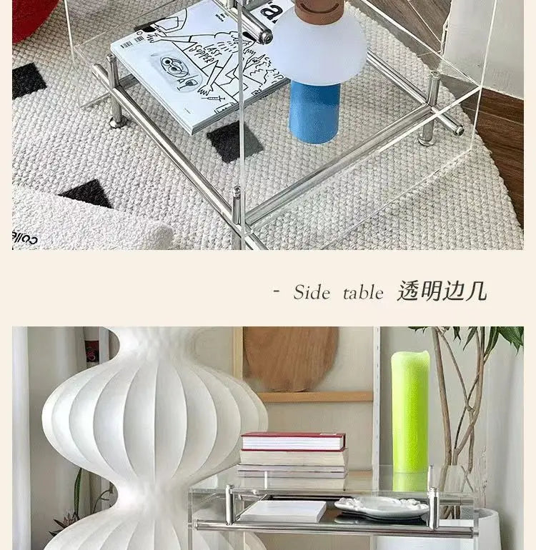 Acrylic Side Table Transparent Trolley Style Living Room Coffee Table Storage Cabinet Mobile Bedside Table Minimalist