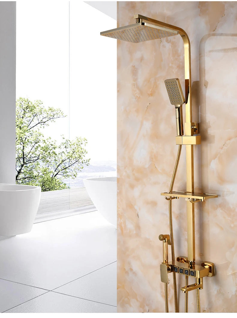 Thermostatic Digital Bathroom Shower Set Rainfall Shower Head Brass Bathroom Faucet Accessories Hot Cold Digital Shower System