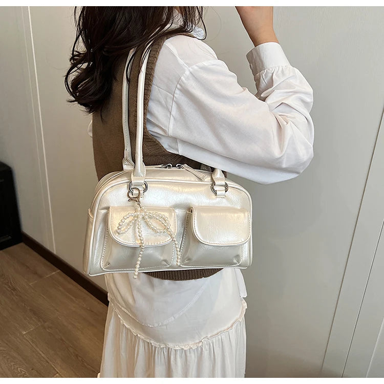 Solid Sewing Thread Fashion Glossy PU Shoulder Bags Baguette Versatile Hand Bags 2025 Hot Sale Bags for Women Bolsas Femininas