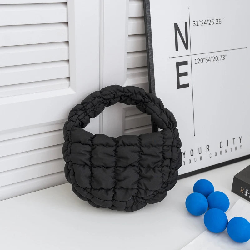 Candy bag Fashion Mini Puffer Tote Bag Quilted Circle Phone Purse  Elegant  Soft Nylon Padded Key Pouch Simple Trend Handbag