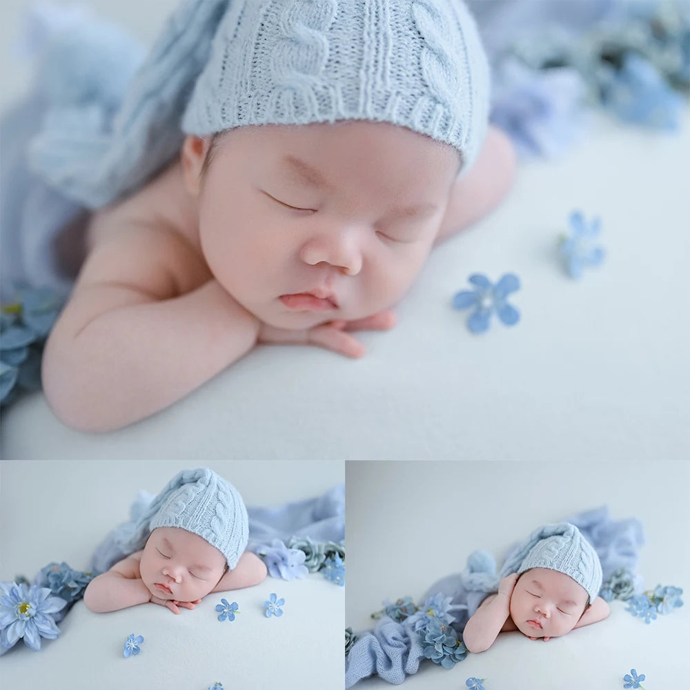 Blue Love Photography Theme Wrapping Props Knitted Night Cap Artificial Flower Photo Decoration Prop Studio Shooting Accessories