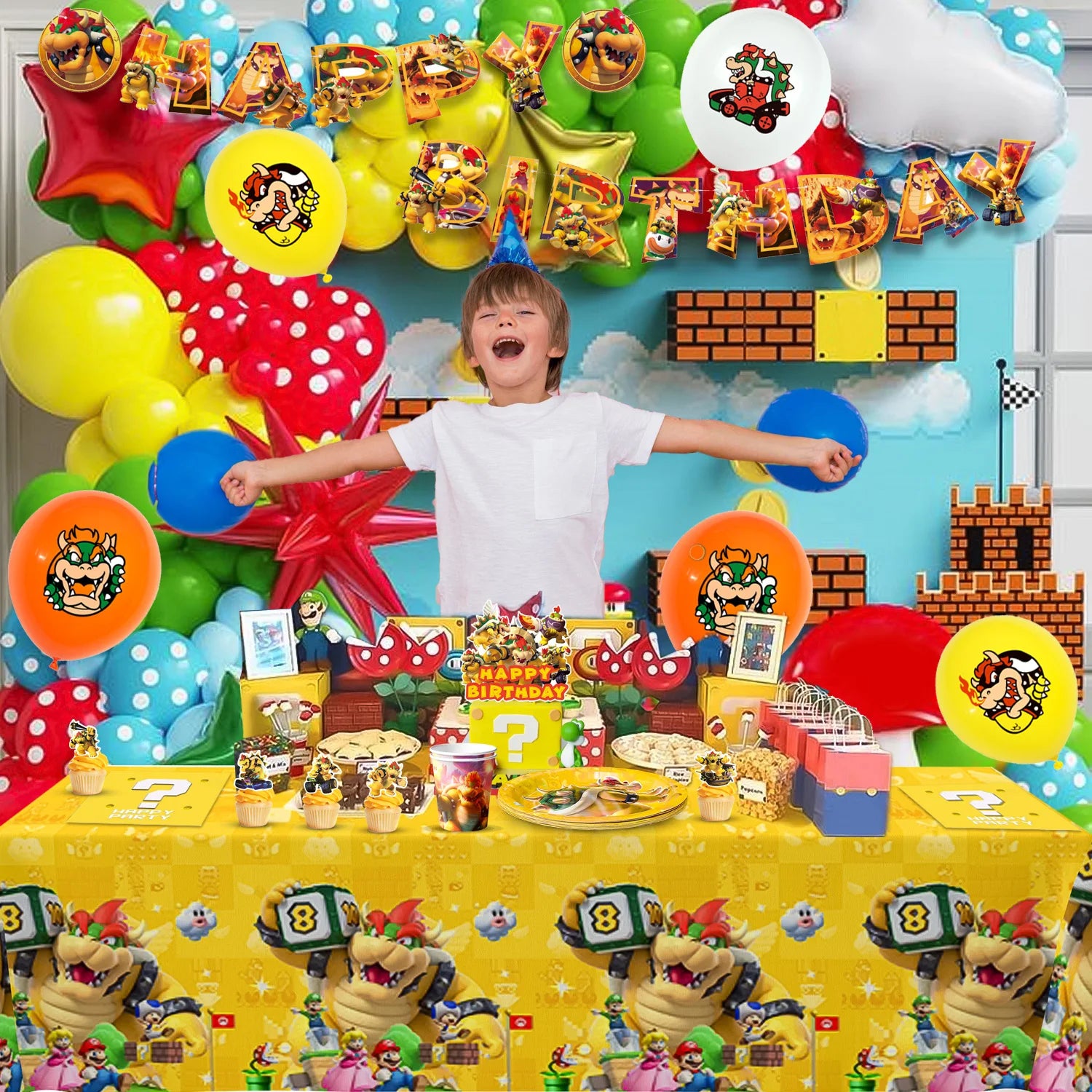 Party Supplies for Bowser Birthday,112pcs Decorations for King Kuppa party Banner,Plates,Cake Toppers,Tablecloths,Backdrop etc.