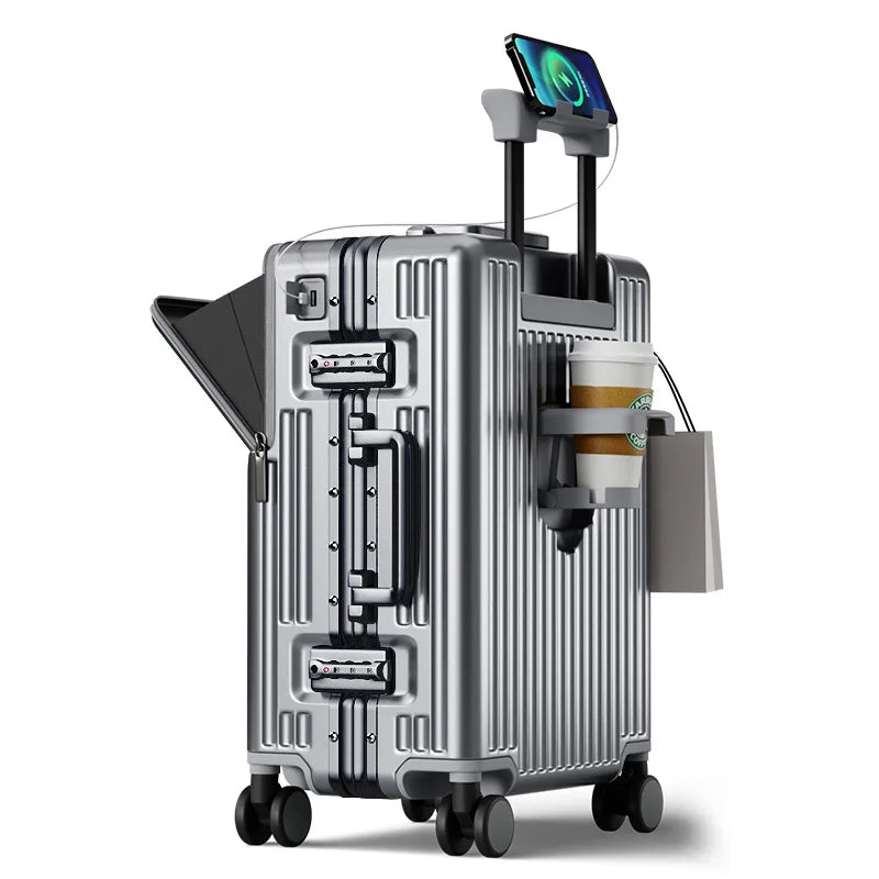 Aluminium Frame Rolling Luggage with Cup Holder Mobile Phone Holder Front Opening Suitcase Large capacity Travel Suitcase
