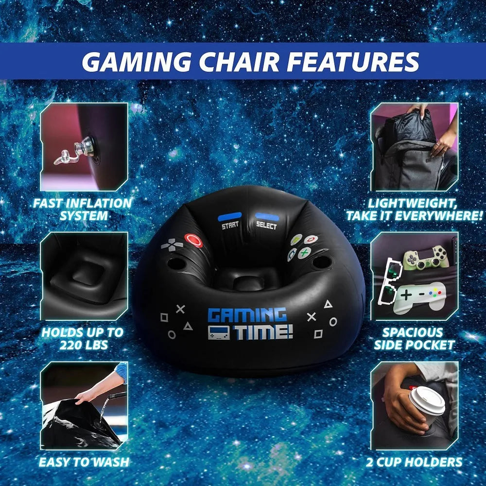 Creative Esports Game Inflatable Circular Sofa Chair with Cup Holder and Side Pockets Music Karaoke Black Bean Bag Sofa