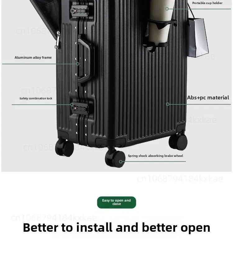 Aluminium Frame Rolling Luggage with Cup Holder Mobile Phone Holder Front Opening Suitcase Large capacity Travel Suitcase