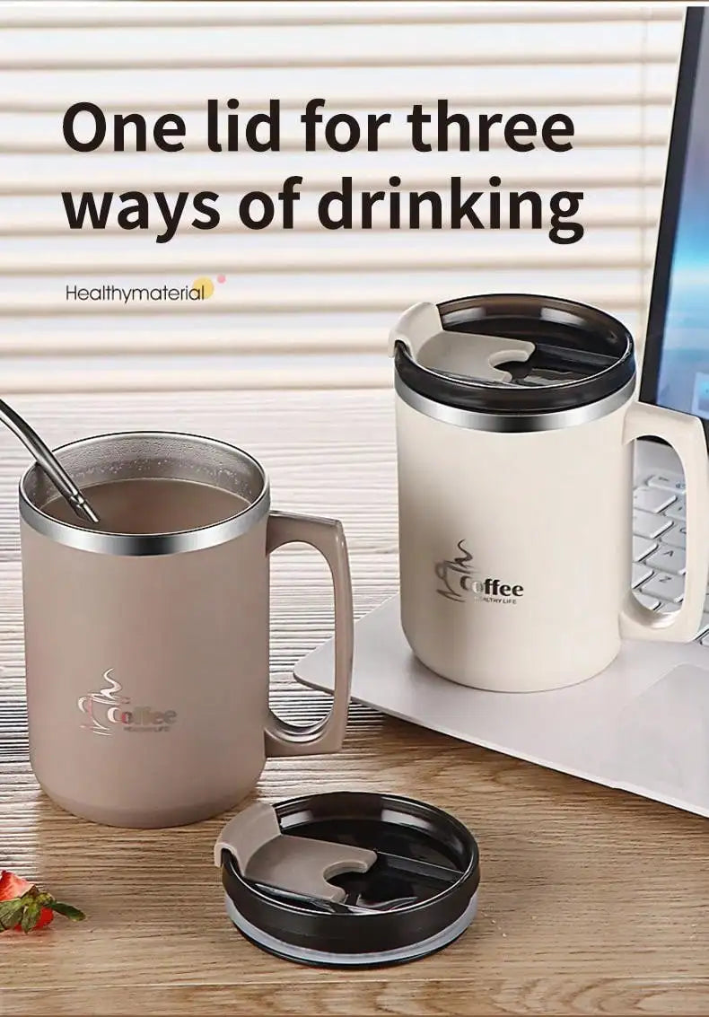 450ML Thermos Mug 304 Stainless Steel Double Wall Insulated Milk Coffee Cup With Handle & Lid Leak-proof Drinking Cup Drinkware