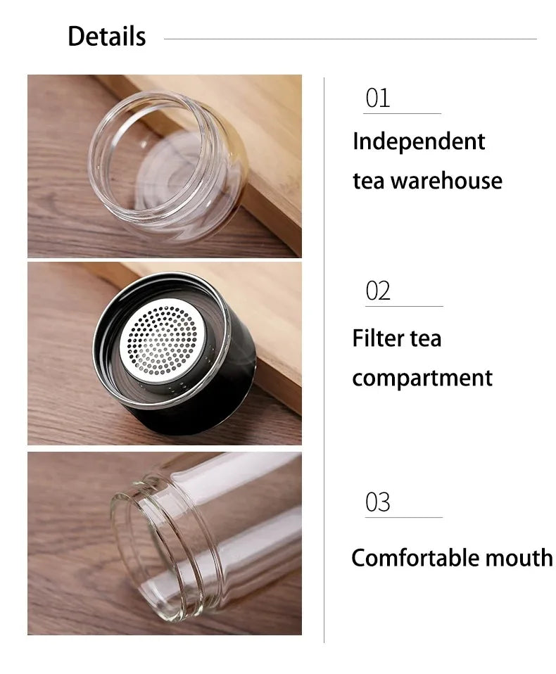 390ML Tea Water Bottle High Borosilicate Glass Double Layer Tea Water Cup Infuser Tumbler Drinkware Water Bottle With Tea Filter