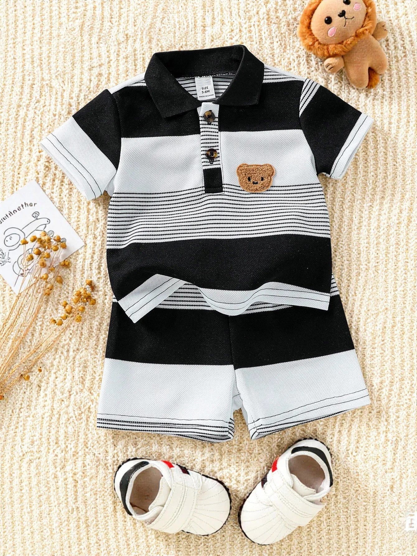 Children’s Summer New Arrival Boys’ Regular Striped Teddy Bear Short T-Shirt and Shorts Casual Sport Two-Piece Set