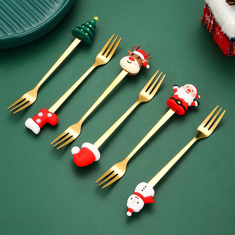 2/4/6Pcs Christmas Fork And Spoon Set,Stainless Steel Creative Tableware,Coffee Tea Dessert Forks And Spoons Gift Set