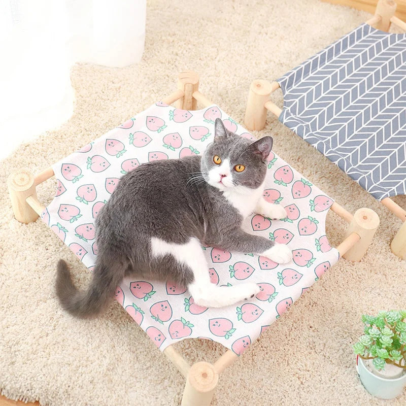 Cat and Dog Hammock Bed  Wooden Cat Hammock Elevated Cooling Bed Detachable Portable Indoor Outdoor Pet Bed Suitable