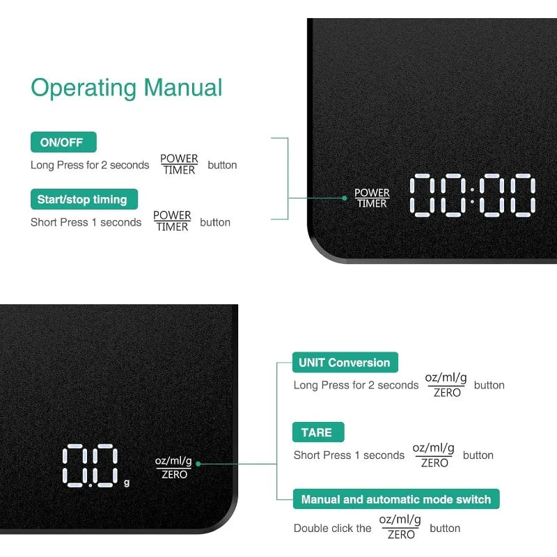 Digital Rechargeable Coffee Scale with Timer 3kg Max 0.1g Precision LED Screen USB Espresso Kitchen Scale for Brewing