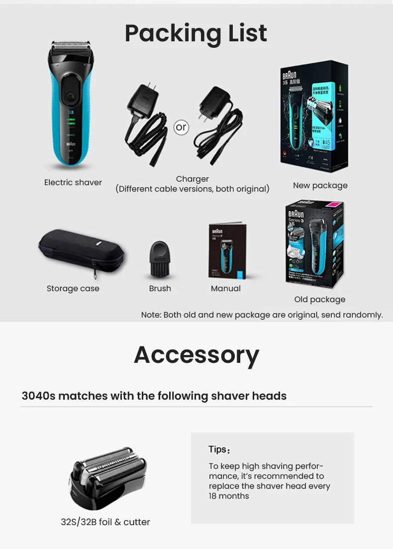 Braun Electric Shaver 3 Series ProSkin 3040S 3010S Reciprocating Shaver For Men Shaving Machine With Trimmer 100-240v