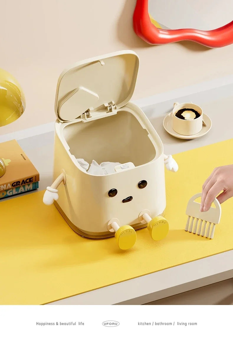 1pcs Desktop Mini Trash Can Press To Open The Cover Plastic Trash Can Household Living Room Bedroom Rubbish Storage Bucket