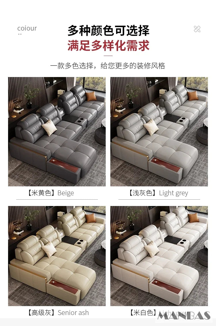 Premium Italian Genuine Leather Sectional Sofa Sets Couch Sofas with USB and Bluetooth Speaker - MANBAS Living Room Furniture