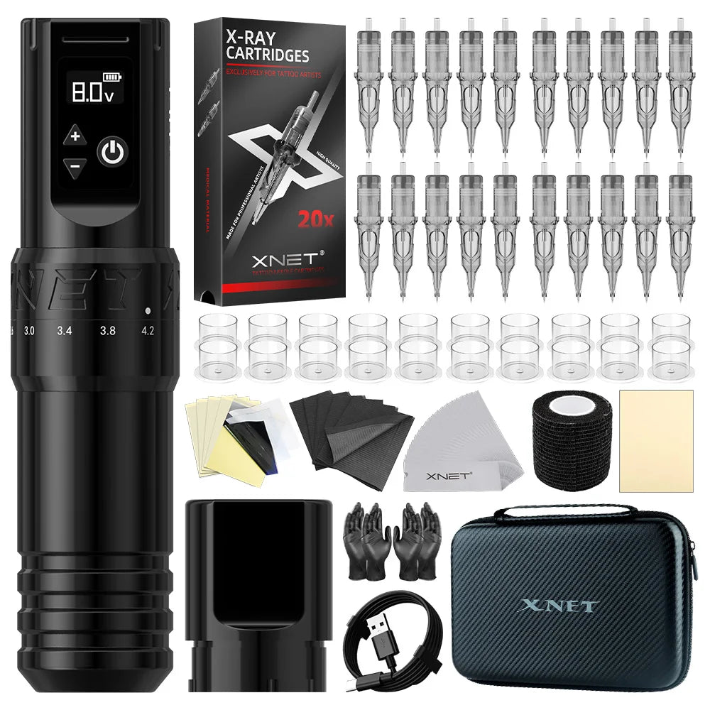 XNET T1 Wireless Tattoo Machine Pen Full Completed Kit Adjustable Stroke Custom Motor Makeup Pen 20pcs Cartridges For Tattoo Art