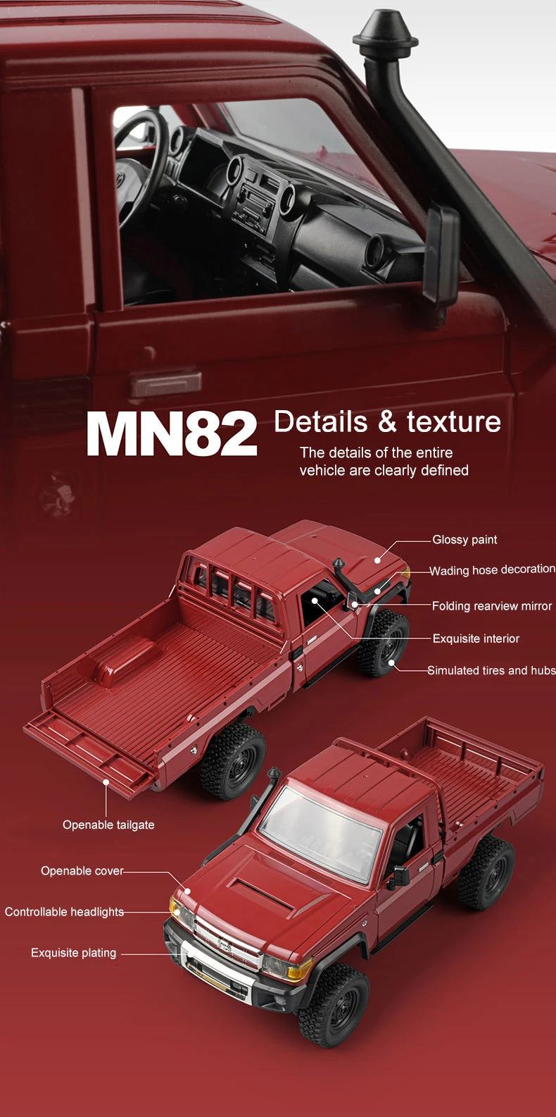 ZWN MN82 1:12 Retro Rc Car With LED Lights Full-scale Simulation LC79 Professional 4WD Remote Control Pickup RC Truck Model Toys