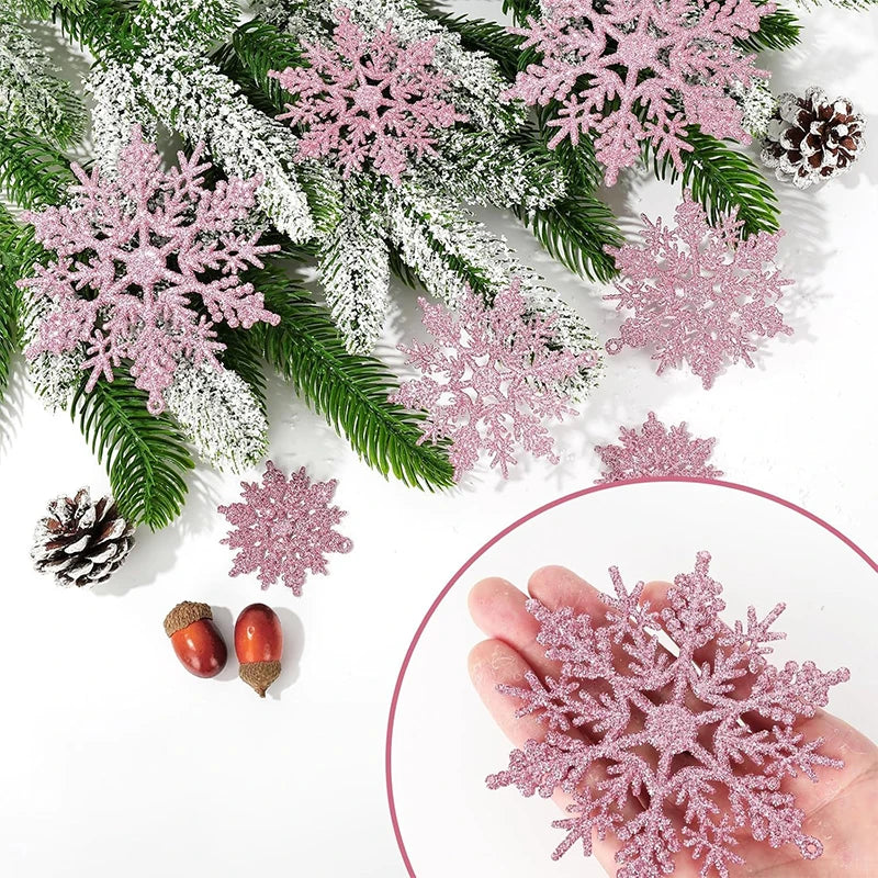 6/12/24Pcs Snowflakes for Christmas Tree Decoration Pink Snowflakes With Bright Powder Winter Home New Year Hanging Decoration