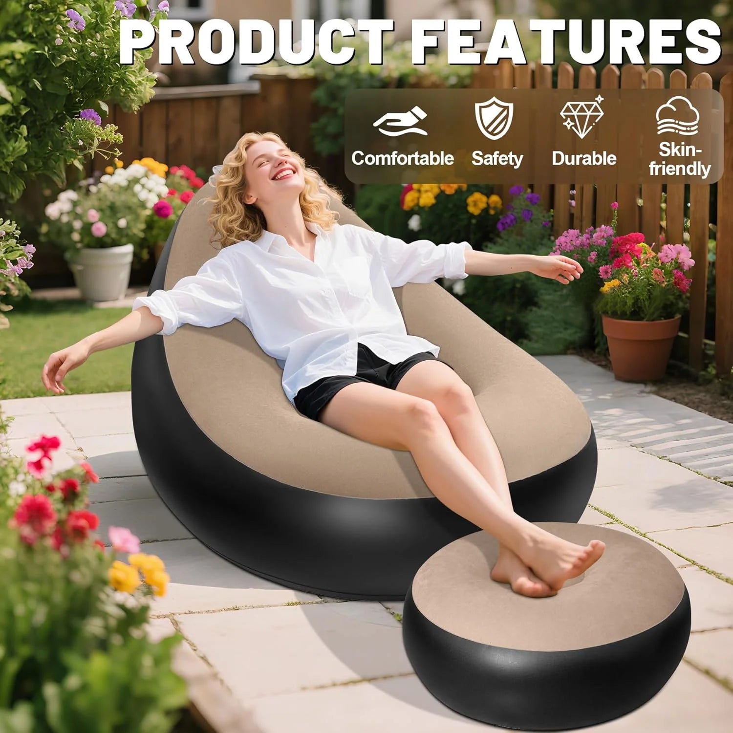2Pcs Lazy Sofa Inflatable Chair Folding Recliner (Sofa + Footrest) Outdoor Sofa Bed with Footrest Indoor and Outdoor Portable Folding Air Mattress Lunch Break Leisure Chair Set