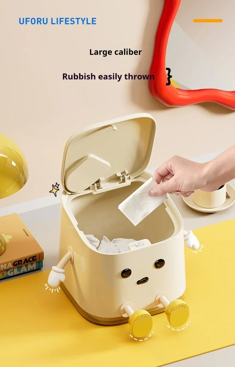 1pcs Desktop Mini Trash Can Press To Open The Cover Plastic Trash Can Household Living Room Bedroom Rubbish Storage Bucket