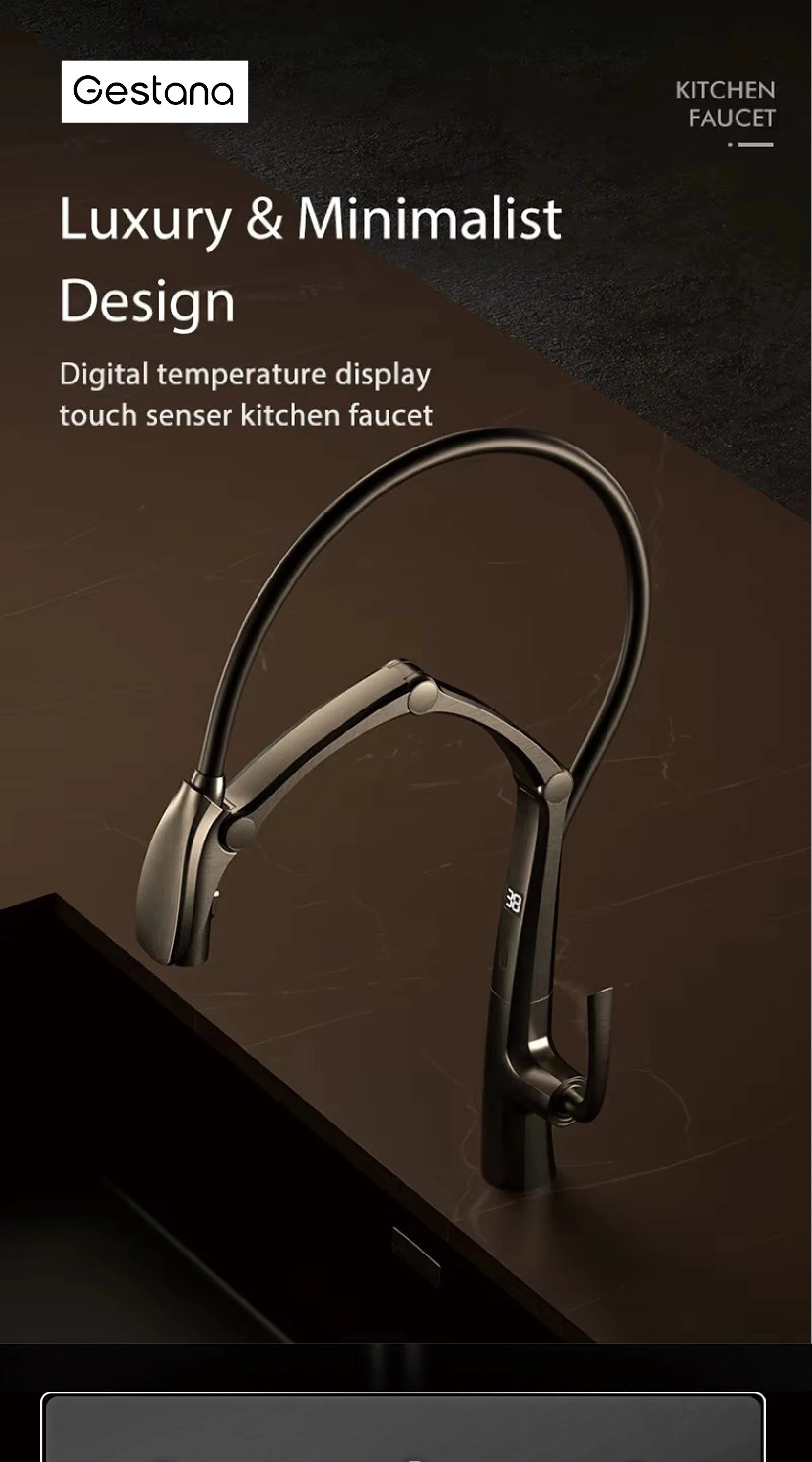 Luxury Gunmetal Brass Kitchen Faucet with LED Display,Sensor&Pull-Out 3-Function Spray,Touchless High Pressure Water-Saving Tap