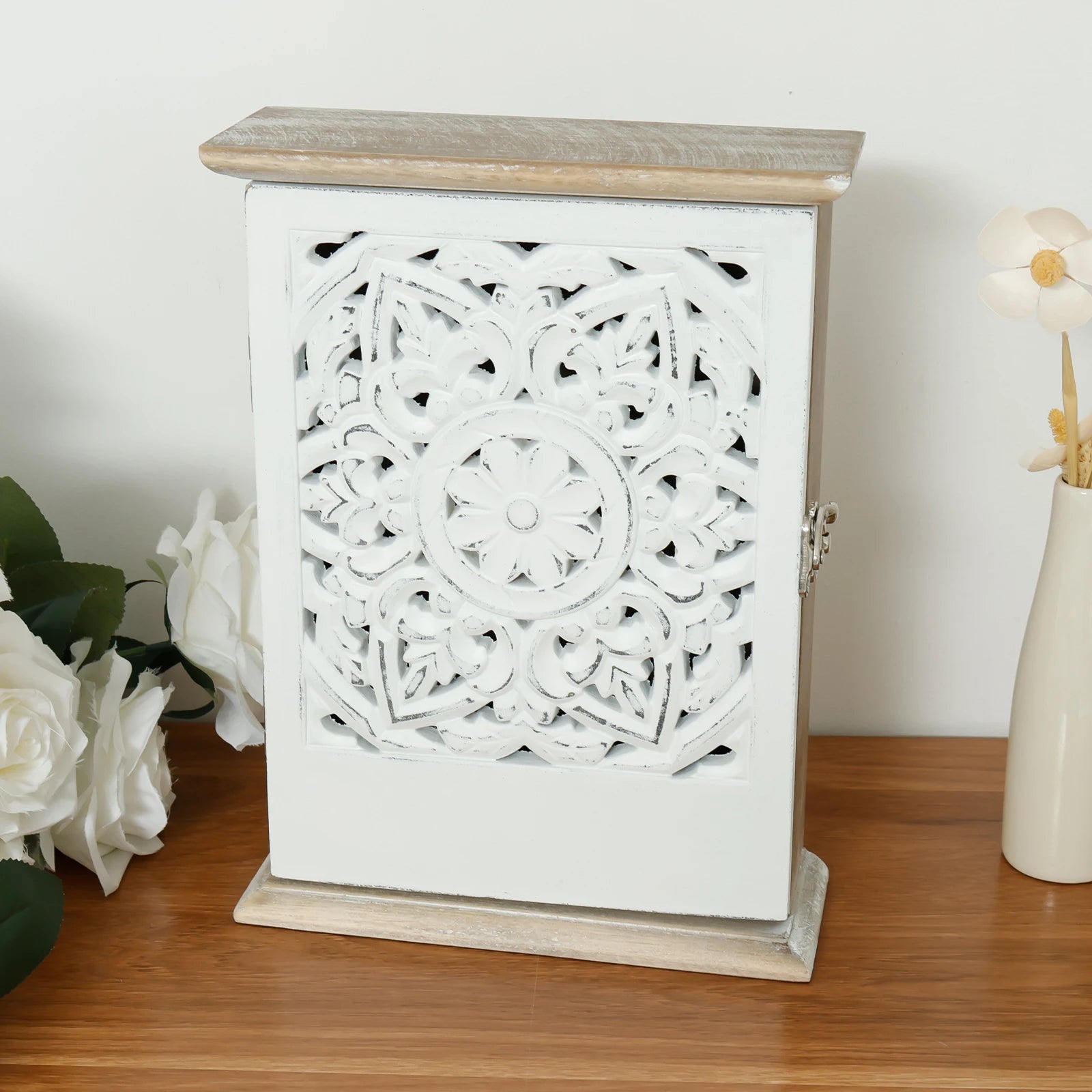 Wood Key Cabinet Box with 6 Hook Wall Hanging Key Storage Ornaments Vintage Key Box for Home Office Entryway Hallway Living Room