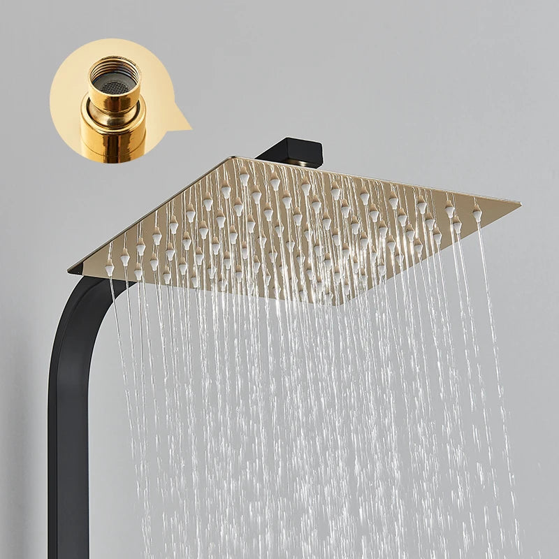 Black Gold Bathroom Shower System Brass Hot Cold Bathroom Faucets Set Accessories 10 Inch Stainless Steel Rain Shower Head