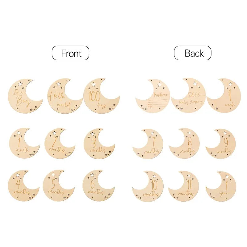 Baby Wooden Memorial Monthly Cards Moon Shape Monthly Newborn Engraved Age Photography Props Accessories Baby Birthing Gift