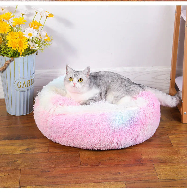 Snooze Cat Bed Round Plush Fluffy Hooded Cozy Cat Bed Cave for Indoor Donut Self Warming Small Dog Bed Anti-anxiety for Winter