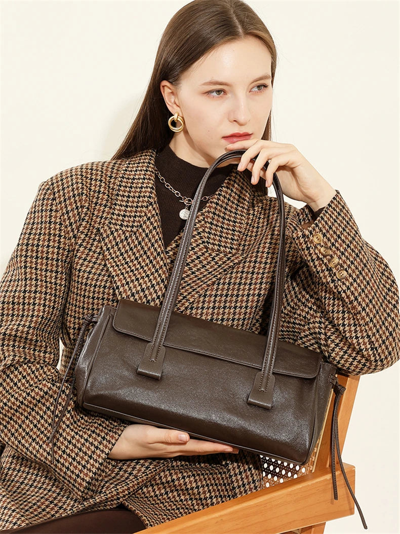 2025 New Genuine Leather Women's Shoulder Bag Large Capacity Cowhide Luxury Handbag Long Strip Black Baguette Bag Female