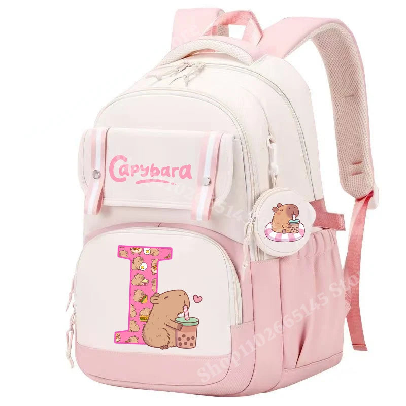Capibara Cute Backpack Girl Anime Capybara Letter A-Z School Bags Kids Outdoor Sport Shoulders Bag Travel Rucksack Children Gift