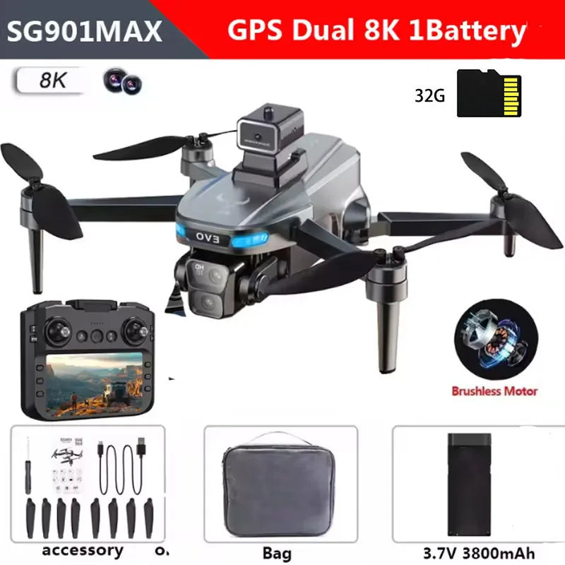 SG901MAX GPS Drone 8K Professional HD Dual Camera 5G WIFI With Screen 360°Obstacle Avoidance Brushless Foldable Quadcopter Drone