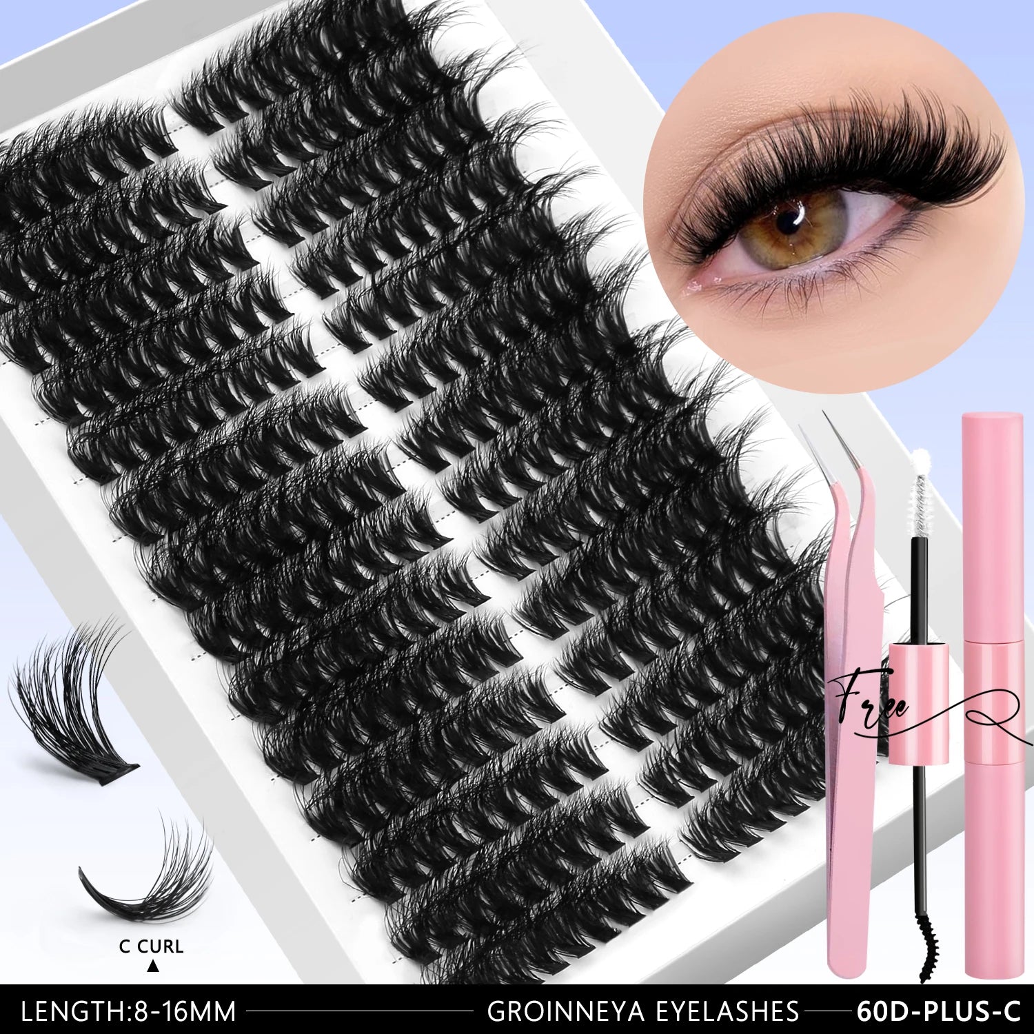 GROINNEYA DIY Eyelashes Lashes Clusters Kit Mix Wispy Individual Lashes Extensions Clusters Lashes Lash Bond & Seal Makeup