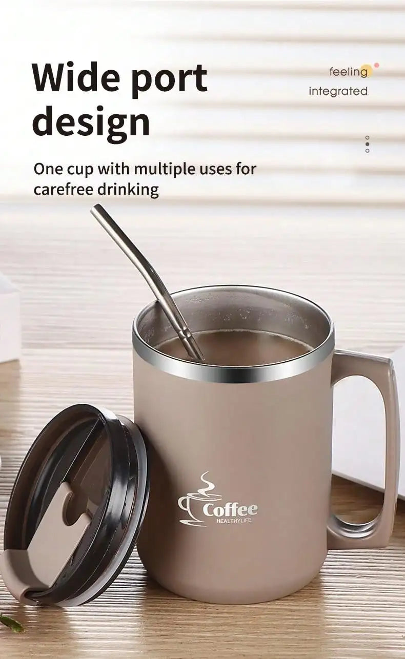 450ML Thermos Mug 304 Stainless Steel Double Wall Insulated Milk Coffee Cup With Handle & Lid Leak-proof Drinking Cup Drinkware