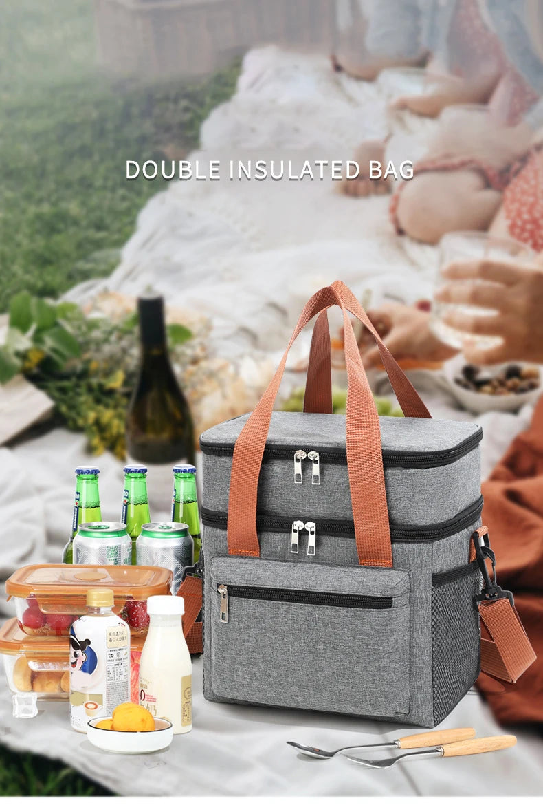 1PC Large Capacity Lunch Bag Double Layers Thermal Insulation Picnic Bag Food Drink Storage Tote With Shoulder Strap Cooler Bags