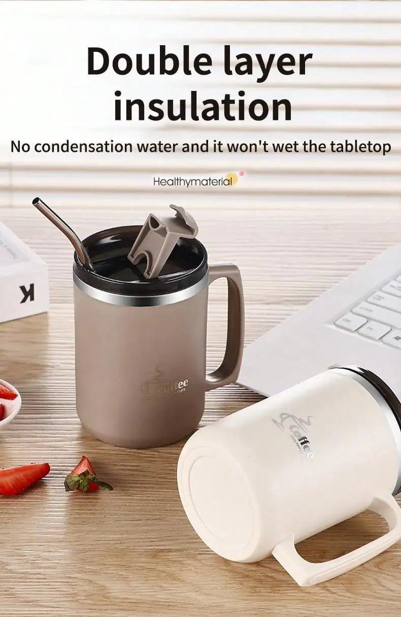 450ML Thermos Mug 304 Stainless Steel Double Wall Insulated Milk Coffee Cup With Handle & Lid Leak-proof Drinking Cup Drinkware