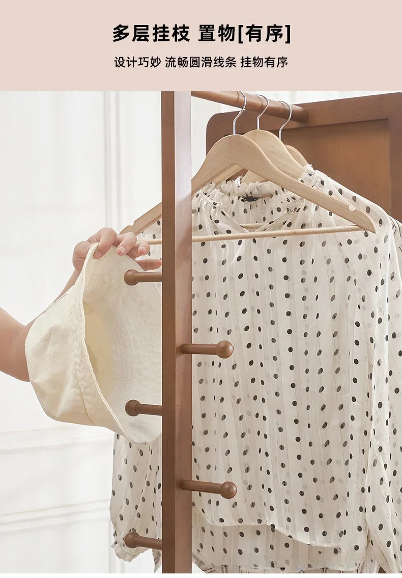 Solid Wood Full Body Floor Mirror for Home Bedroom Rotatable Movable Dressing Room Mirror with Clothes Hanger