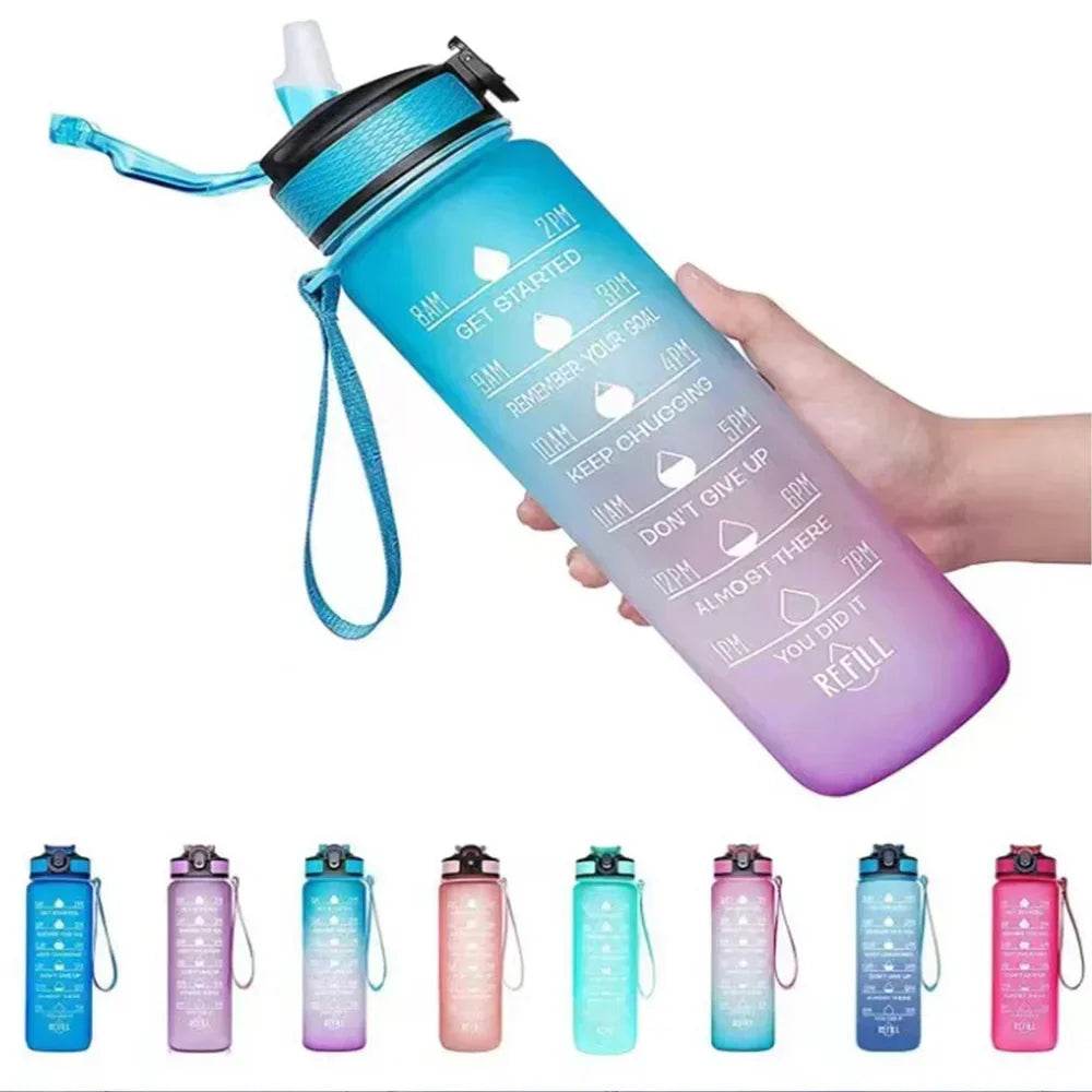 1L Gradient Color Motivational Sports Water Bottle with Time Marker Water Bottle with Straw for Office Exercise Gym Outdoor