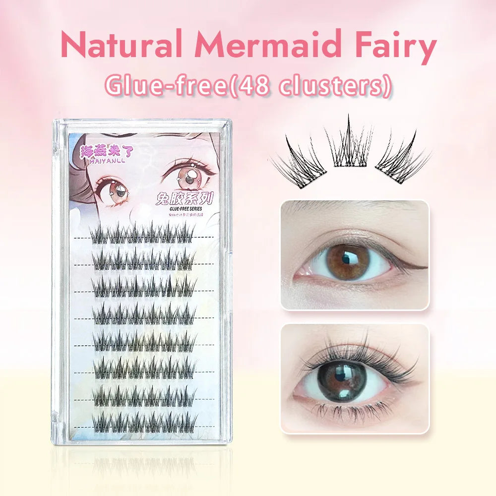 Glue-free False Eyelashes, Fishtail Princess Lazy Eyelashes, Natural Transparent Stem, Reused 48 Clusters Large Capacity