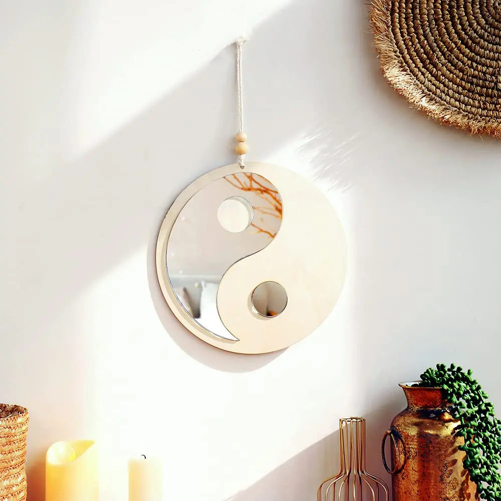 Wooden Mirror Home Decor Boho Wall Mirrors for Living Room Bedroom Tai Chi Yin Yang Wood Mirrors Room House Feng Shui Decoration