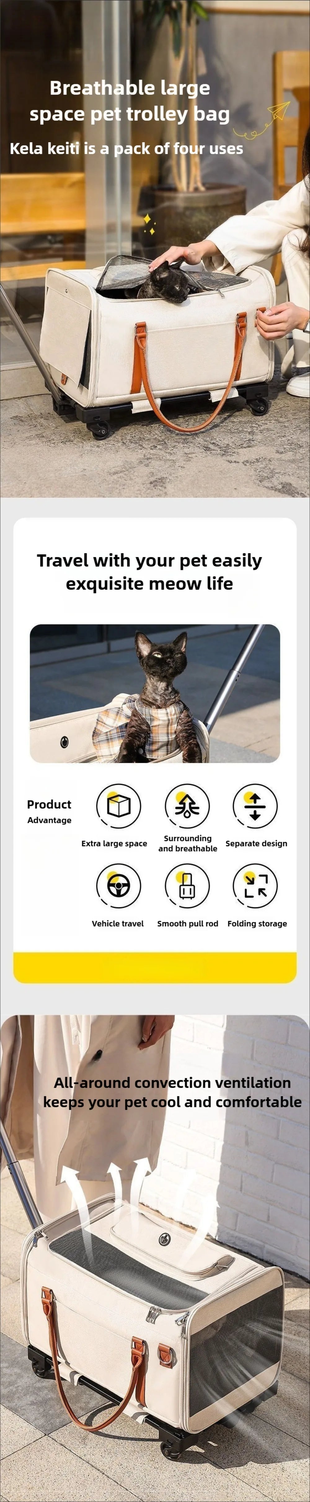 Multifunctional Cat Carrier with Trolley Large Capacity Breathable Foldable Pet Bag for Cats and Dogs