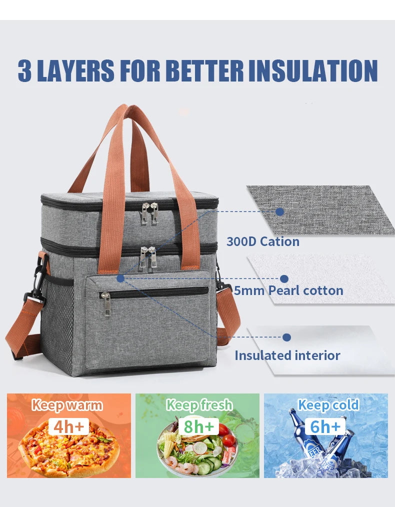 1PC Large Capacity Lunch Bag Double Layers Thermal Insulation Picnic Bag Food Drink Storage Tote With Shoulder Strap Cooler Bags