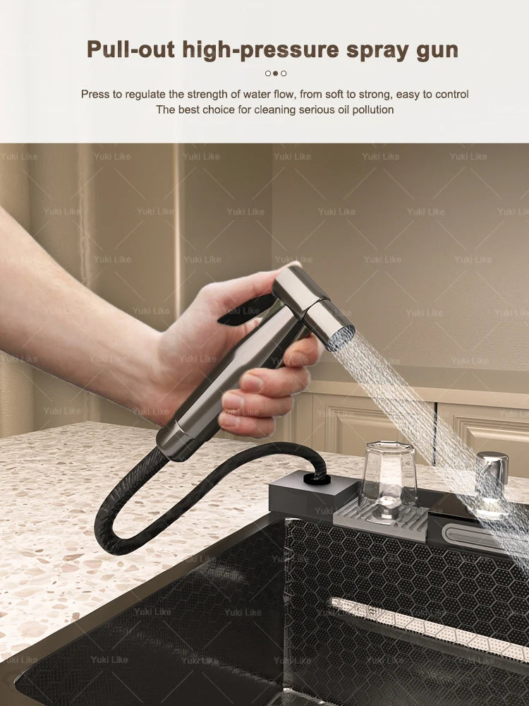 Stainless Steel Waterfall Kitchen Sink New Embossed Extra Large Single Slot Modern Digital Display Dishwashing Basin