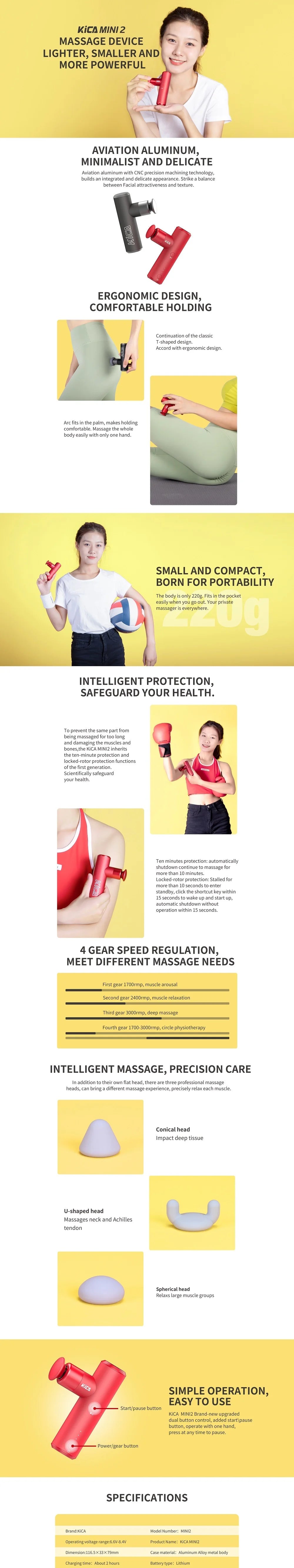 KiCA Mini 2 Fascia Gun 4 Gear Aluminum Portable 3000rpm Deep High Speed 3 Massage Heads Gun for Sport, 195g