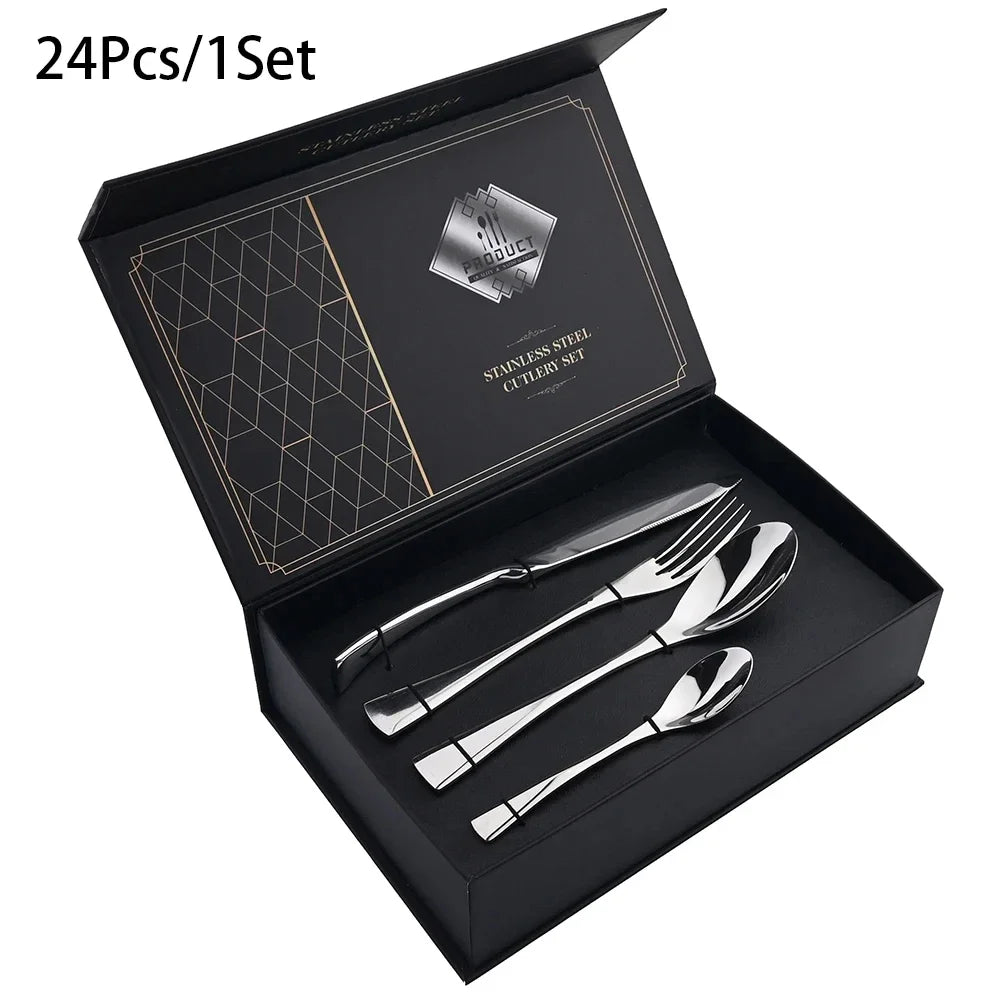 24Pcs/Set  Cutlery Sets 304 Stainless Steel mirror Tableware Knife Forks Spoons Silverware Dinnerware Kitchen Flatware Gift Box
