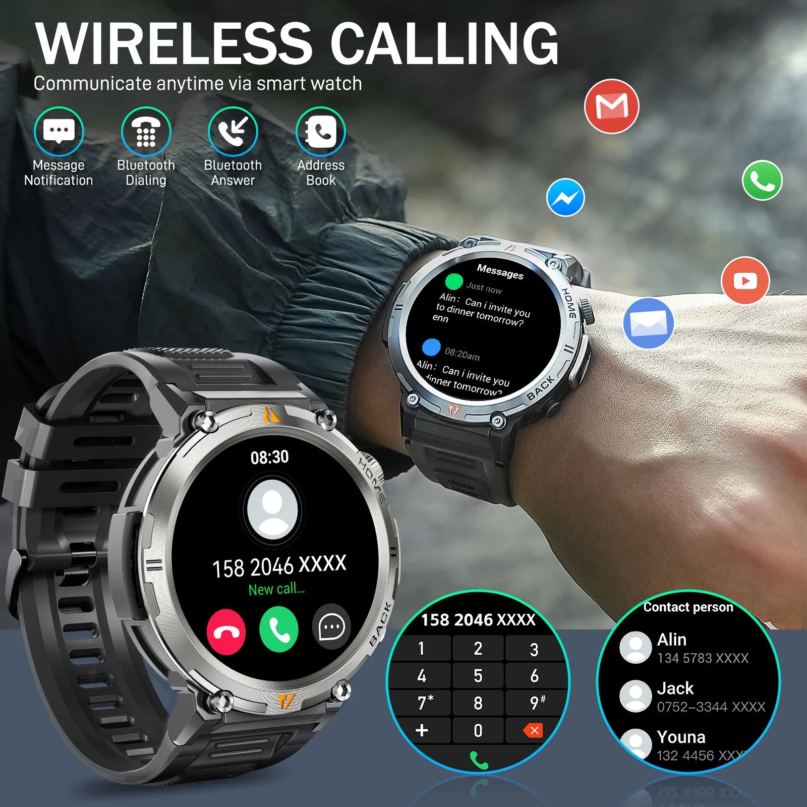 EIGIIS KE3 Smart Watch 3ATM Waterproof Original Design For Men Bluetooth Call Health Monitor With Flashlight 100+ Sports Modes