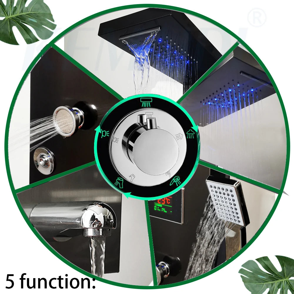 ZAPPO Black Bath Shower Faucet Temperature Digital Display Shower Panel Body Massage System Jets LED Shower Column Faucets Set