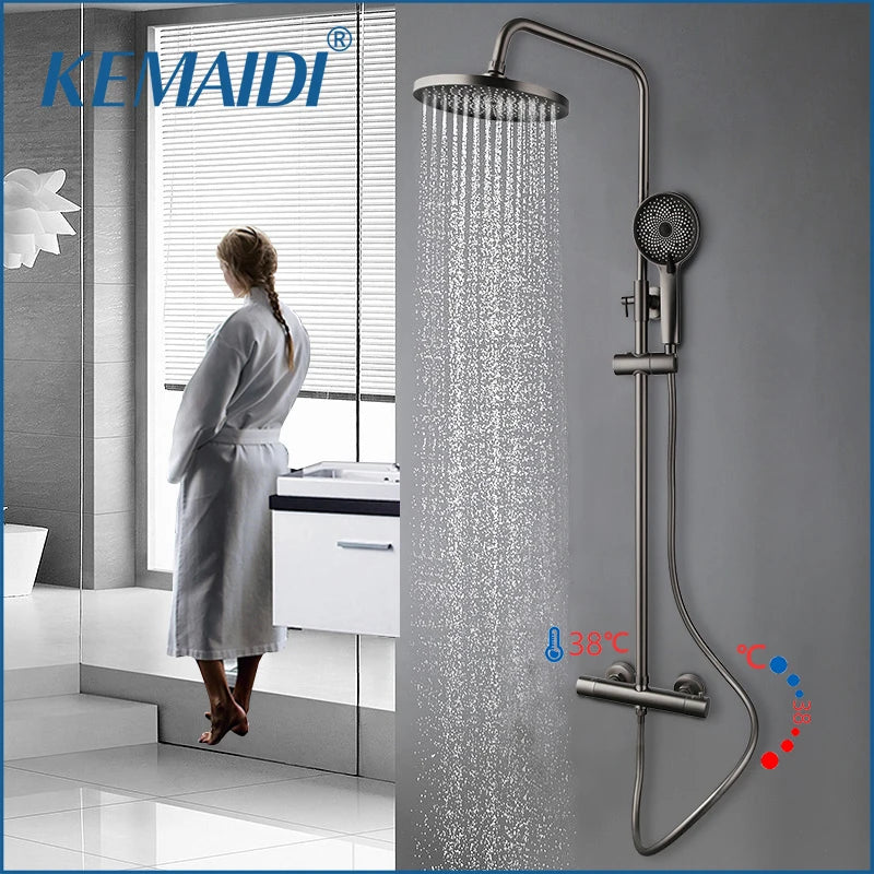 KEMAIDI Grey Constant Temperature 38° Shower Set Intelligent Brass Bathroom Faucets Hot Cold Rainfall  Bathtub Shower System