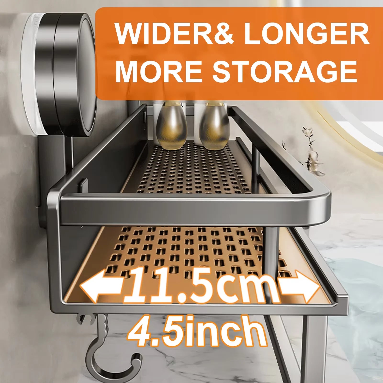 Space Aluminum Suction Cup Bathroom Rack No-punch Wall Mount Shower Storage Shelf Large Capacity Strong Load-bearing