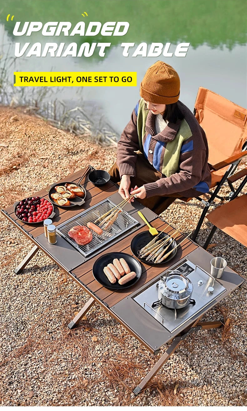 Outdoor Camping Folding multifunctional IGT Wood table Gas Stove Portable lightweight Camp BBQ Grill Table Picnic table